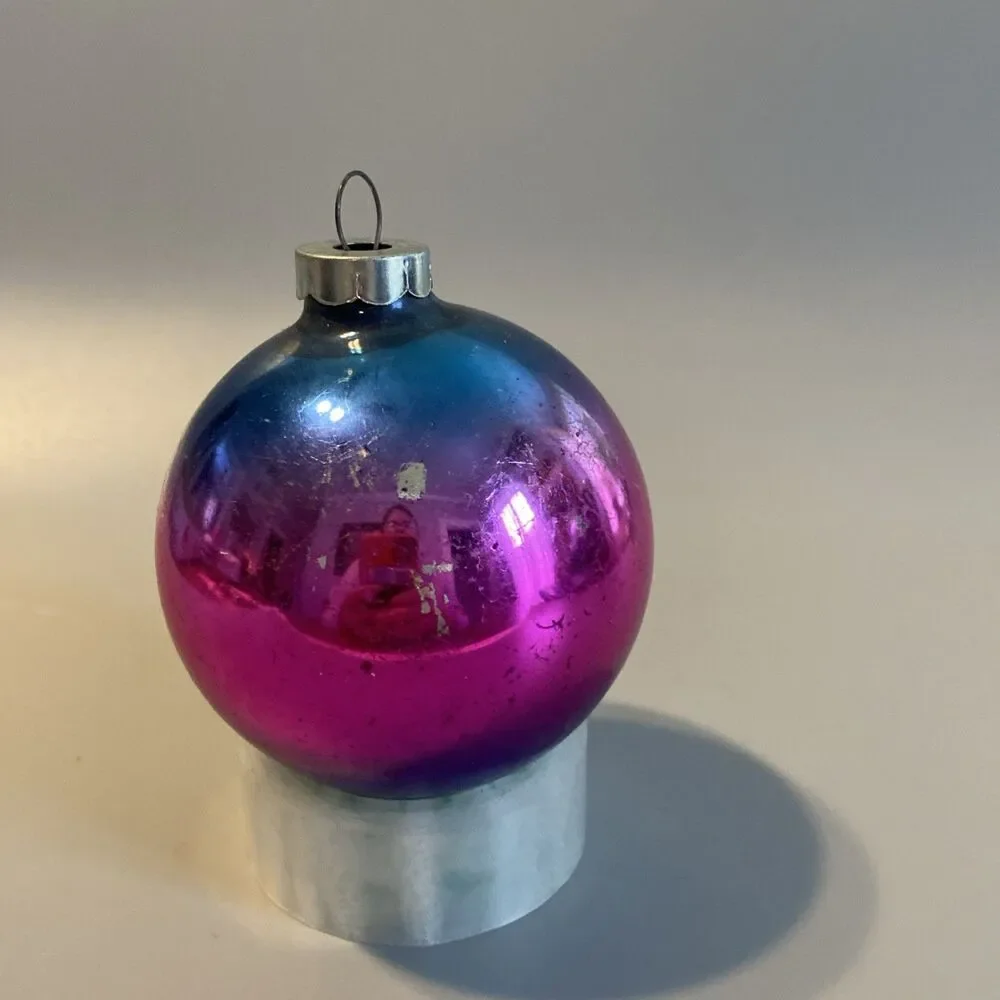 Vintage Christmas Ombre Glass Ornament Hand Made In USA Blue Pink Fade Ball